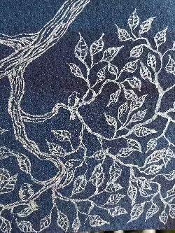 Silver branches and leaves with hidden birds perched in camouflage. Original watercolor by Elise van den Berg of Fur Elise V
