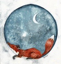 A sweet fox slumbers under the moon.  Original, one of a kind watercolour by Elise van den Berg of Fur Elise V